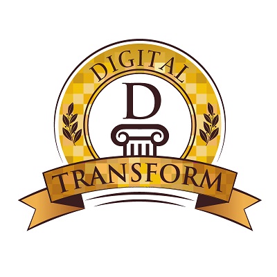 Digital transform logo. A capital D above a plinth surrounded by a partial circle made up of gold squares with the word digital around the top. Within the partial circle are two twigs of brown leaves. Below the partial circle is a banner that reads transform. in capital letters.
